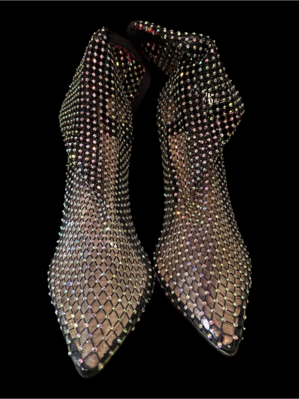 Crystal Mesh Pointed-Toe Ankle Boots - Black